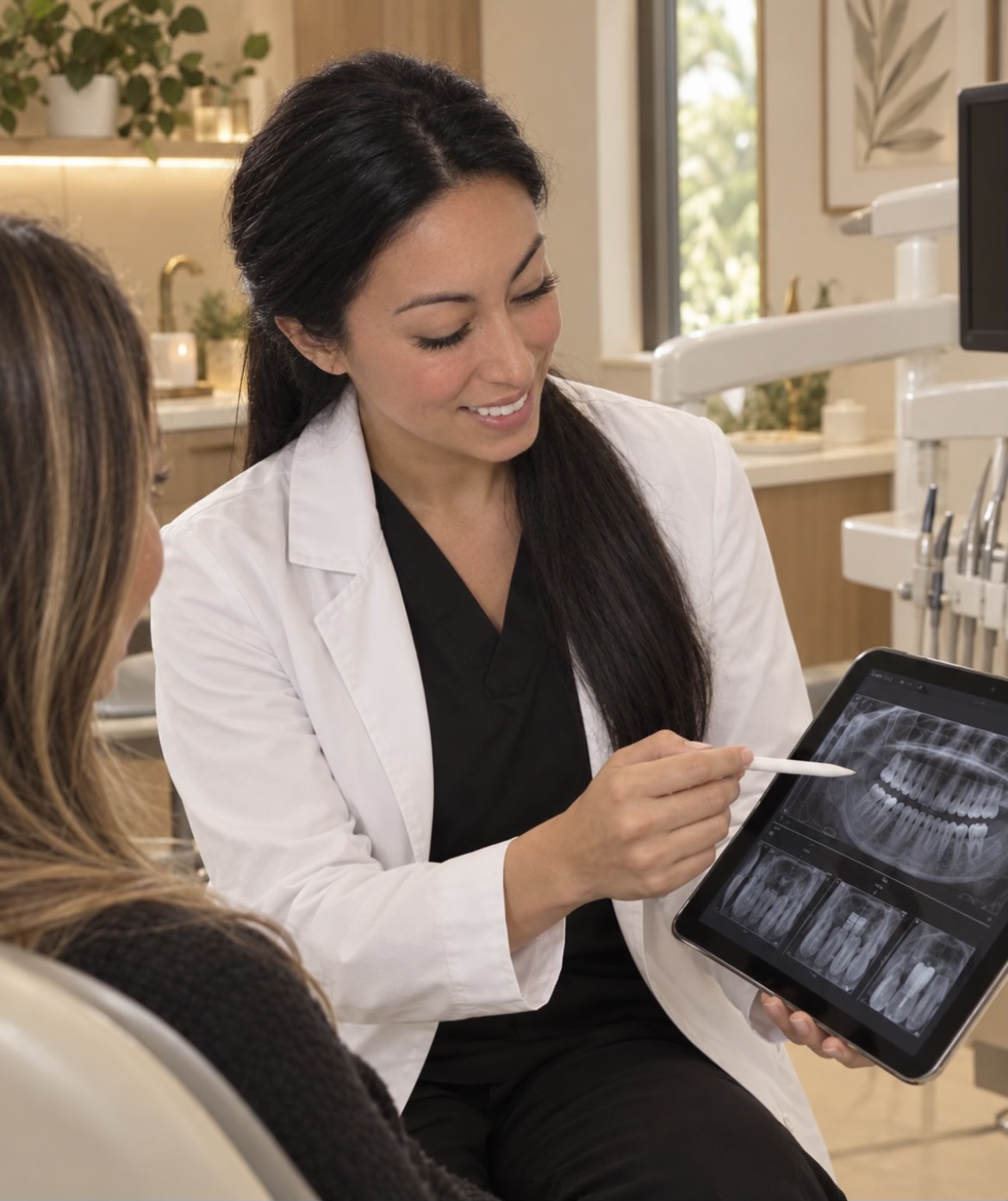 Dr. Carmin Gonzalez, DDS, reviewing dental x-rays on a tablet with a patient at Palm Trails Dental in Port St. Lucie, FL