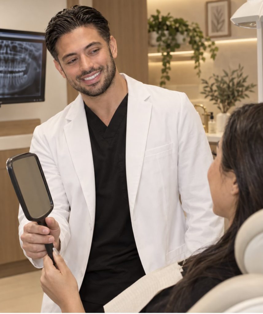 Dr. Giovanni Gonzalez, DMD, handing a patient a mirror to see her smile at Palm Trails Dental in Port St. Lucie, FL
